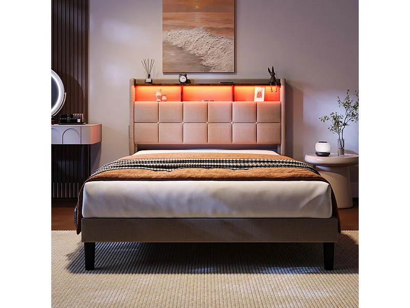 Gepolstertes Bett 140x200 cm aus Leinen, verstellbares Kopfteil 113-123 cm, mit USB und RGB-LED, Beige