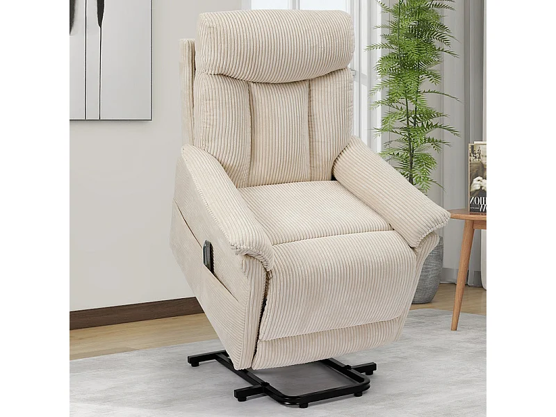 Relaxfauteuil van ribcord met elektrische liftfunctie, afstandsbediening, zijzak, verstelbaar 90°-160°, Beige