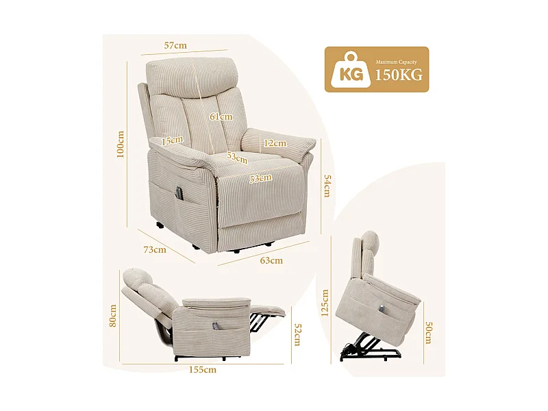 Sillón relax de pana con elevador eléctrico, mando a distancia, bolsillo lateral, ajustable de 90° a 160°, Beige