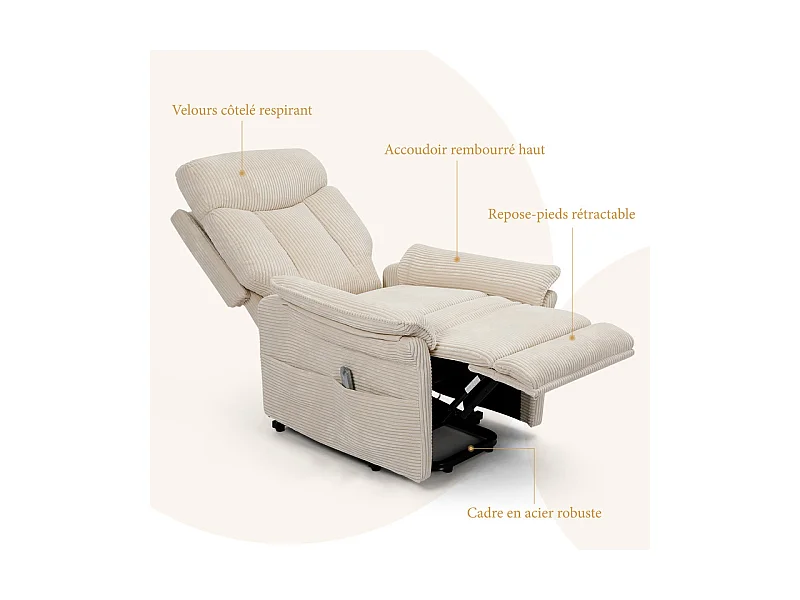 Sillón relax de pana con elevador eléctrico, mando a distancia, bolsillo lateral, ajustable de 90° a 160°, Beige