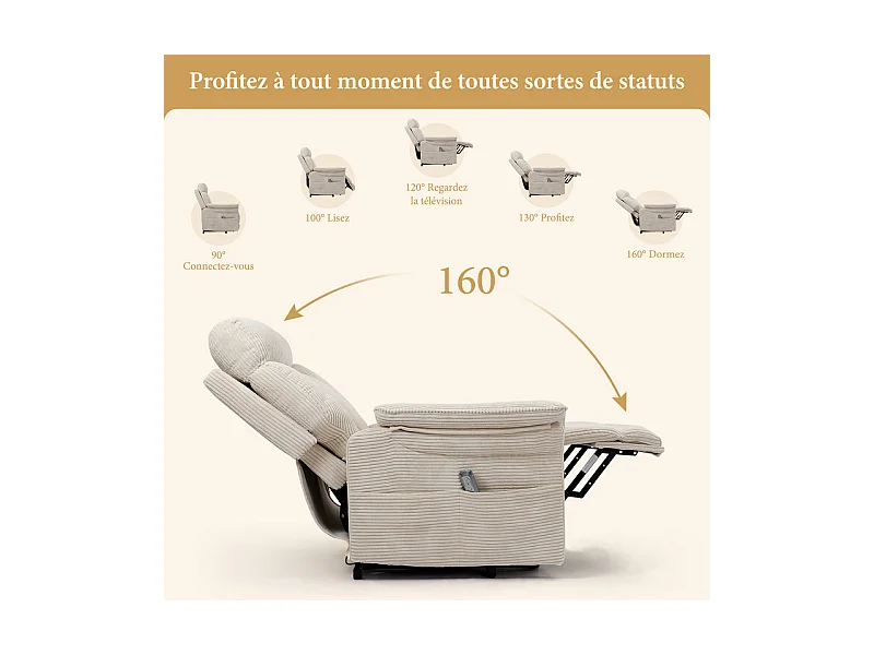 Sillón relax de pana con elevador eléctrico, mando a distancia, bolsillo lateral, ajustable de 90° a 160°, Beige