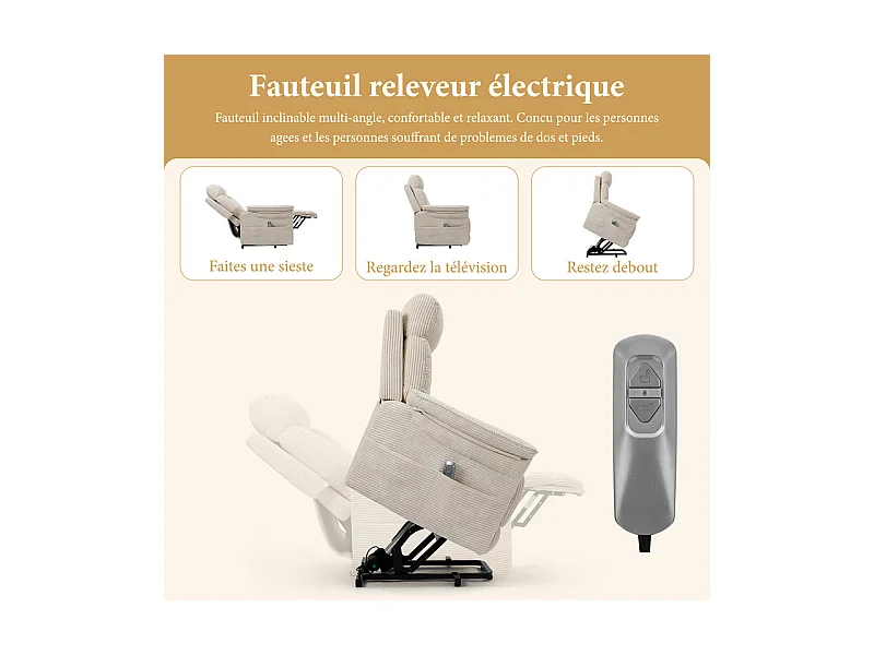Fauteuil relax en velours côtelé avec releveur électrique, télécommande, poche latérale, réglable 90 à 160°, Beige