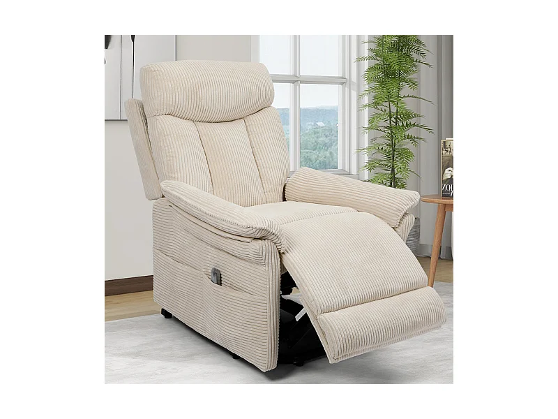 Fauteuil relax en velours côtelé avec releveur électrique, télécommande, poche latérale, réglable 90 à 160°, Beige