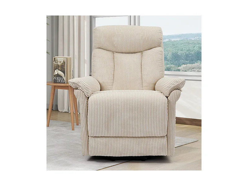 Fauteuil relax en velours côtelé avec releveur électrique, télécommande, poche latérale, réglable 90 à 160°, Beige