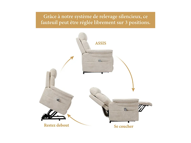 Fauteuil relax en velours côtelé avec releveur électrique, télécommande, poche latérale, réglable 90 à 160°, Beige
