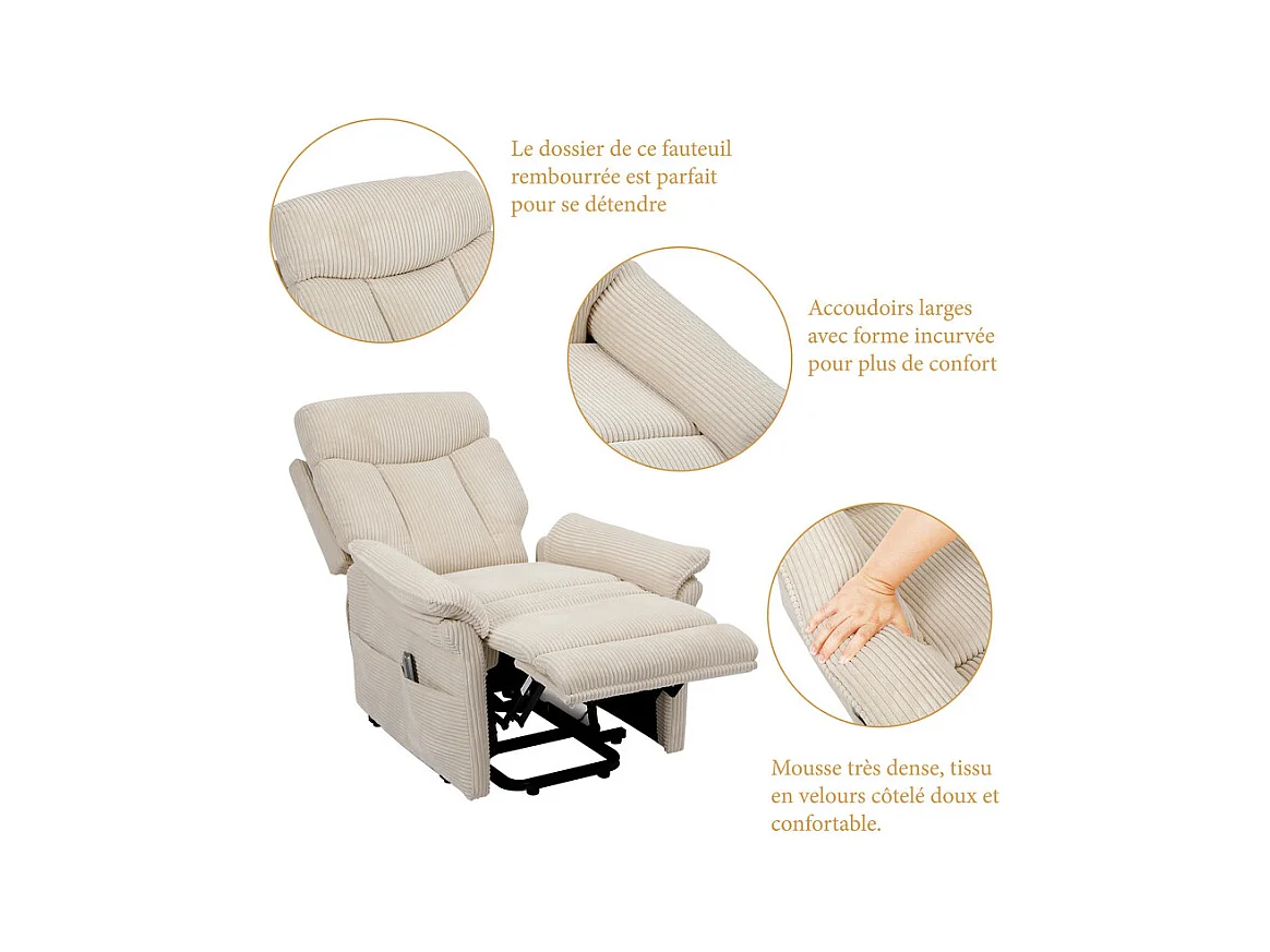 Fauteuil relax en velours côtelé avec releveur électrique, télécommande, poche latérale, réglable 90 à 160°, Beige