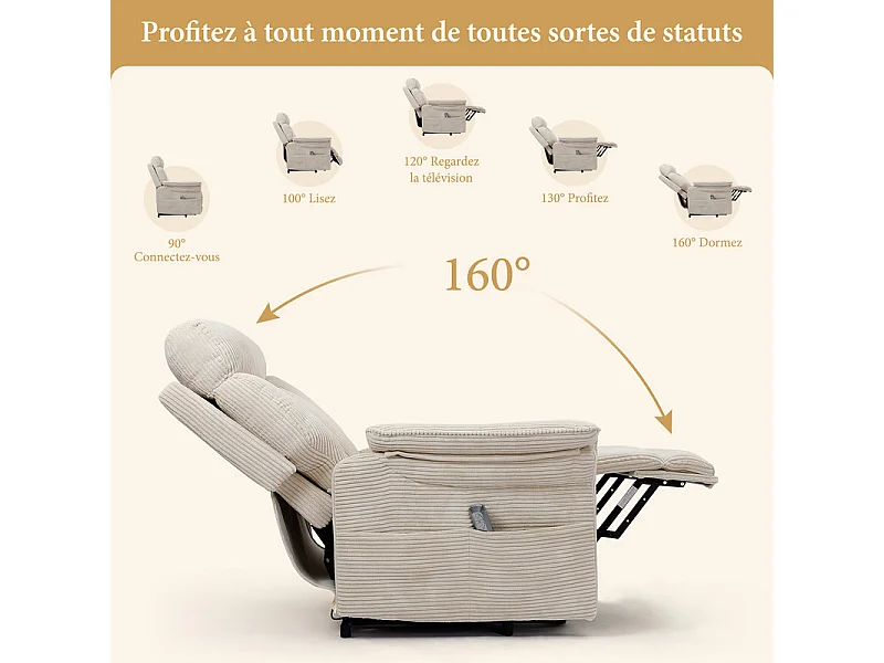 Fauteuil relax en velours côtelé avec releveur électrique, télécommande, poche latérale, réglable 90 à 160°, Beige