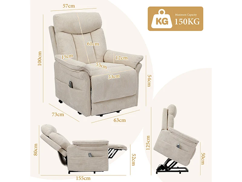 Relaxsessel aus Cord mit elektrischem Aufstehhilfe, Fernbedienung, Seitentasche, verstellbar 90°-160°, Beige