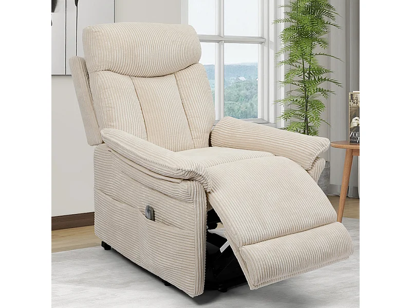 Relaxsessel aus Cord mit elektrischem Aufstehhilfe, Fernbedienung, Seitentasche, verstellbar 90°-160°, Beige