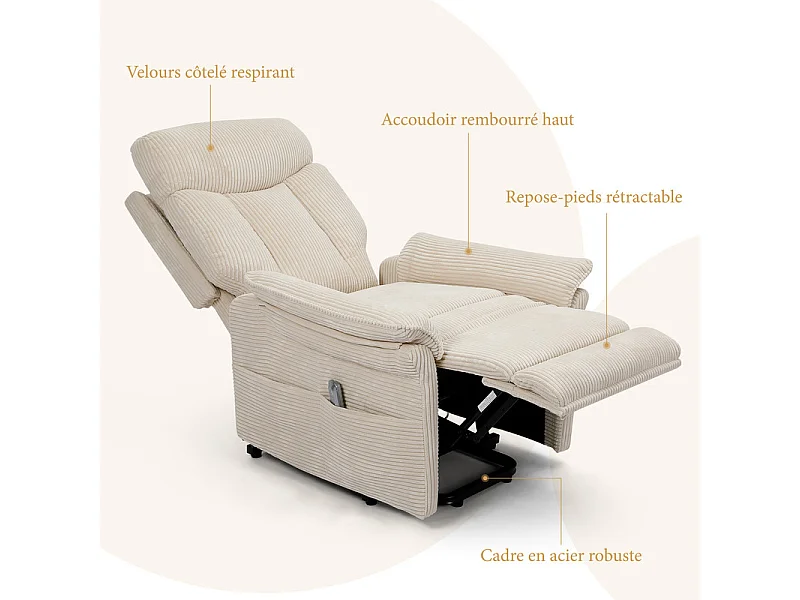 Relaxsessel aus Cord mit elektrischem Aufstehhilfe, Fernbedienung, Seitentasche, verstellbar 90°-160°, Beige