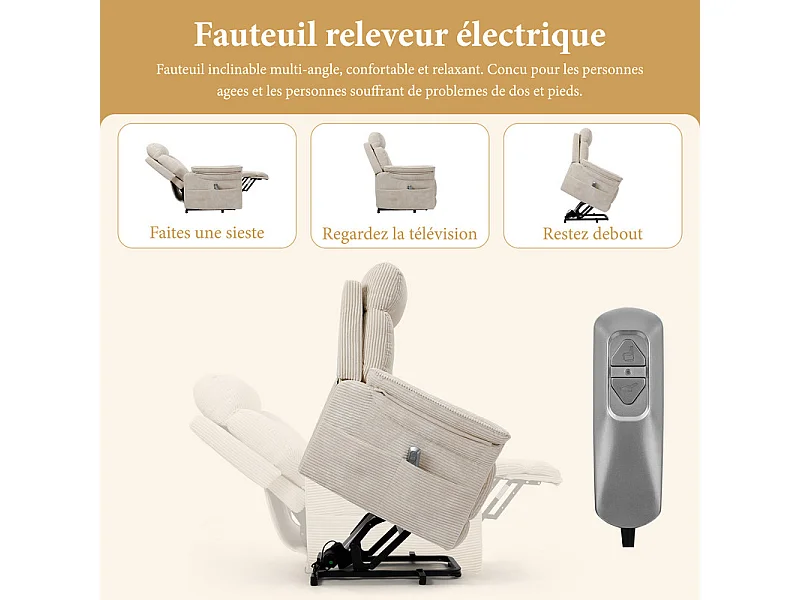 Relaxsessel aus Cord mit elektrischem Aufstehhilfe, Fernbedienung, Seitentasche, verstellbar 90°-160°, Beige