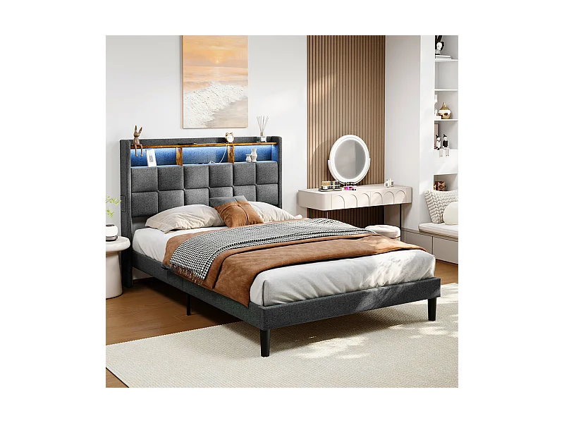 Lit rembourré 140x200cm en lin, tête de lit réglable 113-123cm, avec USB et LED RGB, Gris anthracite