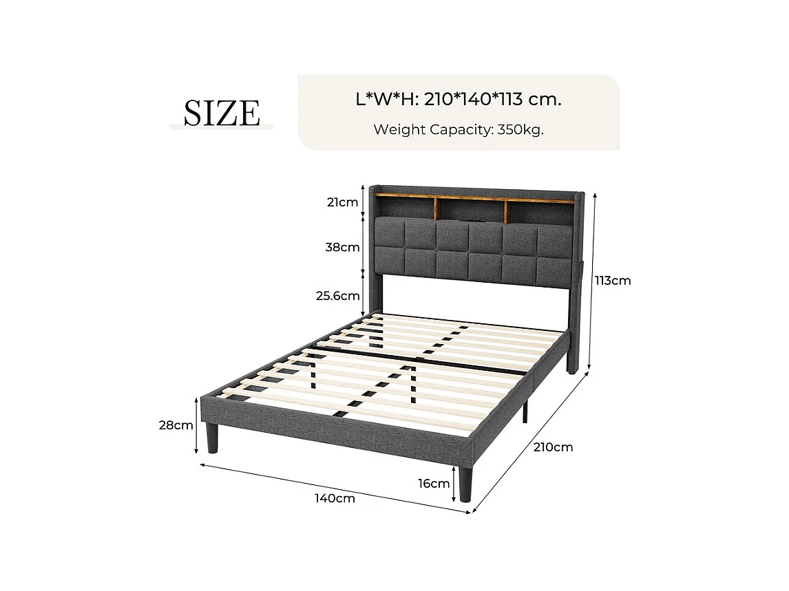Lit rembourré 140x200cm en lin, tête de lit réglable 113-123cm, avec USB et LED RGB, Gris anthracite