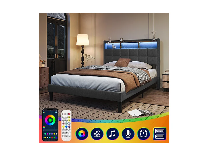 Lit rembourré 140x200cm en lin, tête de lit réglable 113-123cm, avec USB et LED RGB, Gris anthracite