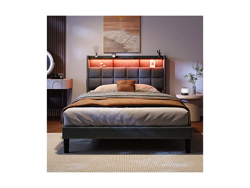 Lit rembourré 140x200cm en lin, tête de lit réglable 113-123cm, avec USB et LED RGB, Gris anthracite