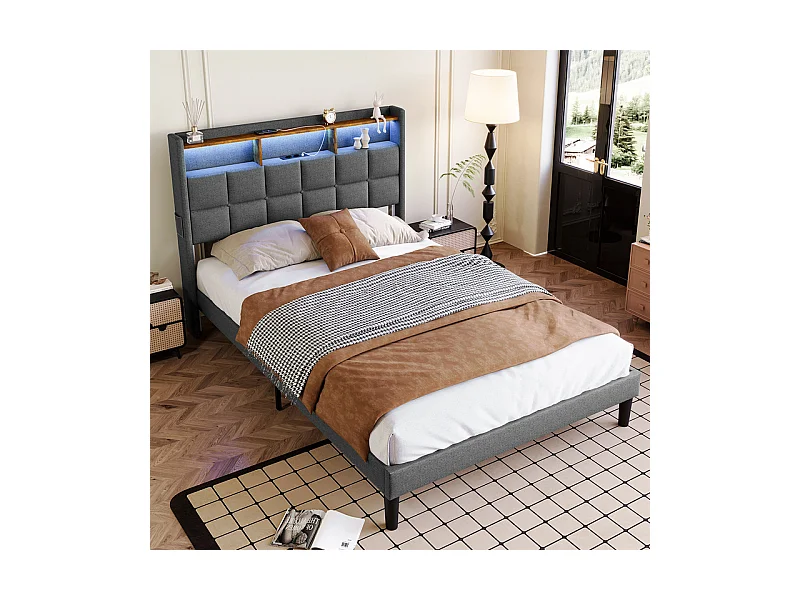 Lit rembourré 140x200cm en lin, tête de lit réglable 113-123cm, avec USB et LED RGB, Gris anthracite