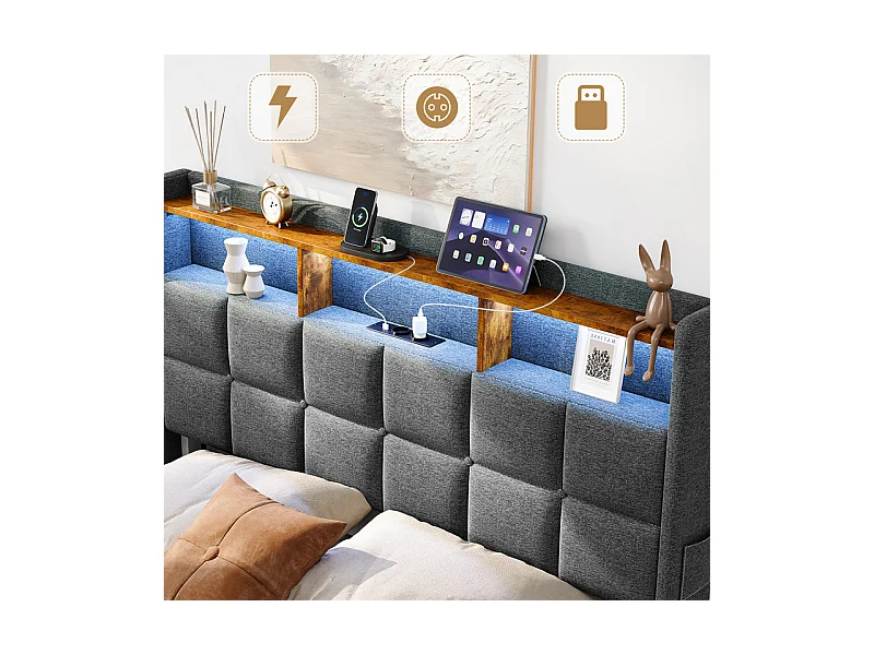 Lit rembourré 140x200cm en lin, tête de lit réglable 113-123cm, avec USB et LED RGB, Gris anthracite