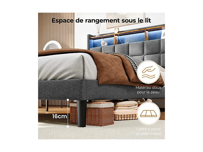 Lit rembourré 140x200cm en lin, tête de lit réglable 113-123cm, avec USB et LED RGB, Gris anthracite