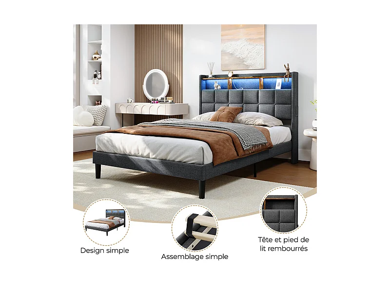 Lit rembourré 140x200cm en lin, tête de lit réglable 113-123cm, avec USB et LED RGB, Gris anthracite