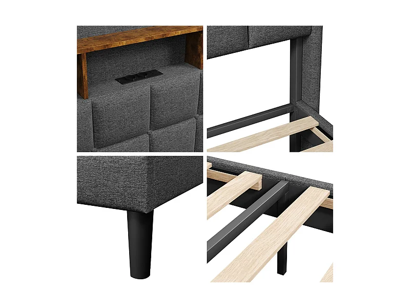 Lit rembourré 140x200cm en lin, tête de lit réglable 113-123cm, avec USB et LED RGB, Gris anthracite