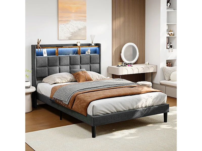 Lit rembourré 140x200cm en lin, tête de lit réglable 113-123cm, avec USB et LED RGB, Gris anthracite