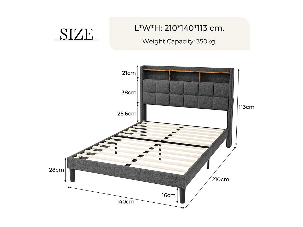 Lit rembourré 140x200cm en lin, tête de lit réglable 113-123cm, avec USB et LED RGB, Gris anthracite
