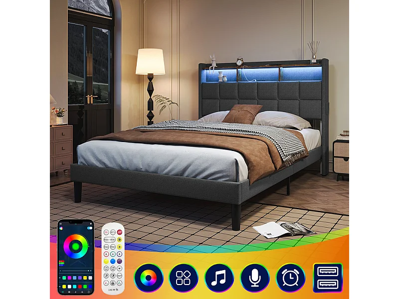 Lit rembourré 140x200cm en lin, tête de lit réglable 113-123cm, avec USB et LED RGB, Gris anthracite