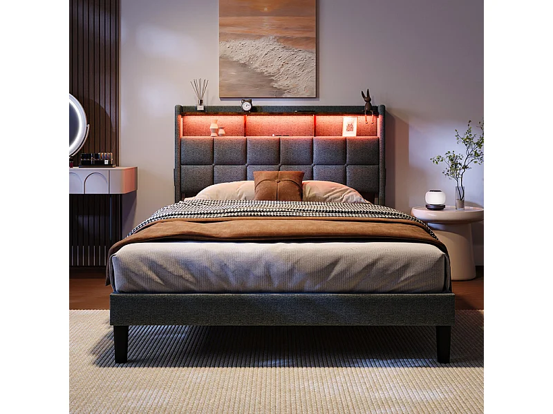 Lit rembourré 140x200cm en lin, tête de lit réglable 113-123cm, avec USB et LED RGB, Gris anthracite