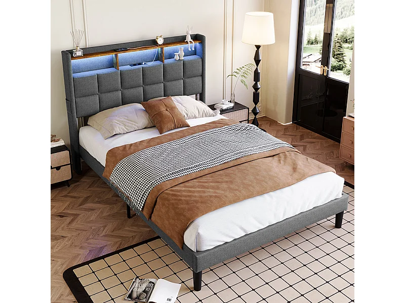 Lit rembourré 140x200cm en lin, tête de lit réglable 113-123cm, avec USB et LED RGB, Gris anthracite