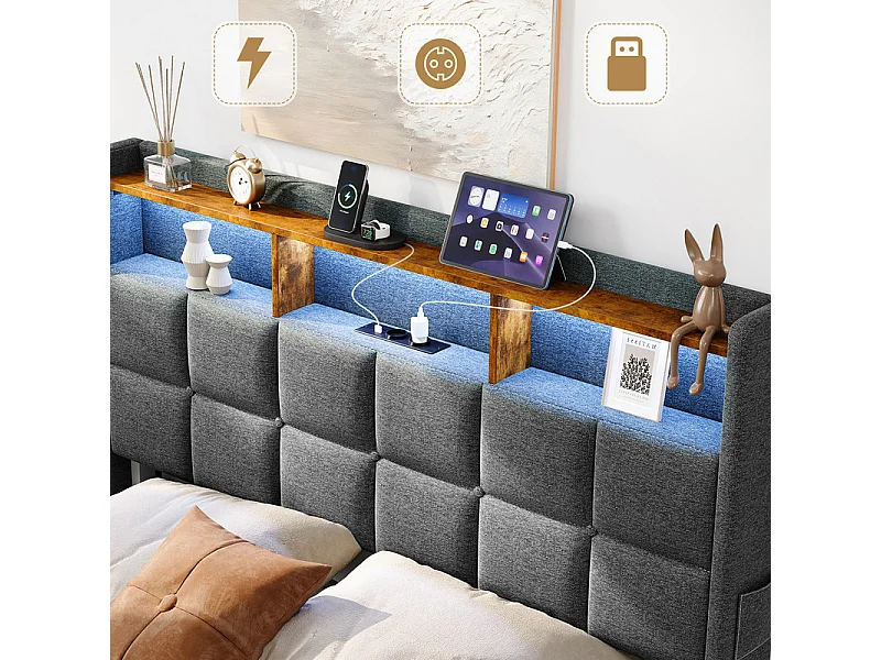 Lit rembourré 140x200cm en lin, tête de lit réglable 113-123cm, avec USB et LED RGB, Gris anthracite