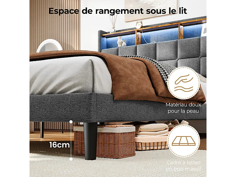 Lit rembourré 140x200cm en lin, tête de lit réglable 113-123cm, avec USB et LED RGB, Gris anthracite