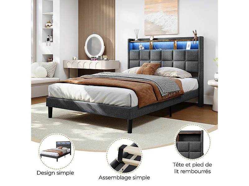 Lit rembourré 140x200cm en lin, tête de lit réglable 113-123cm, avec USB et LED RGB, Gris anthracite