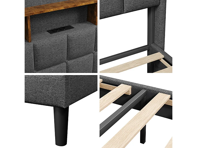 Lit rembourré 140x200cm en lin, tête de lit réglable 113-123cm, avec USB et LED RGB, Gris anthracite