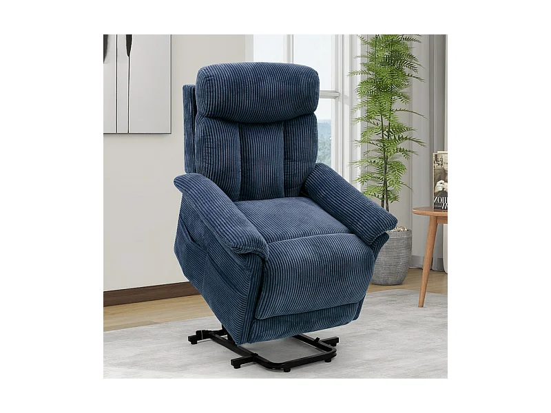 Poltrona relax in velluto a coste con sollevatore elettrico, telecomando, tasca laterale, regolabile 90°-160°, Blu