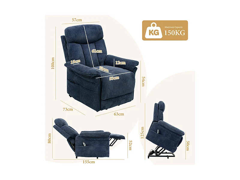 Cadeira relax de veludo cotelê com elevador elétrico, controle remoto, bolso lateral, regulável 90°-160°, Azul