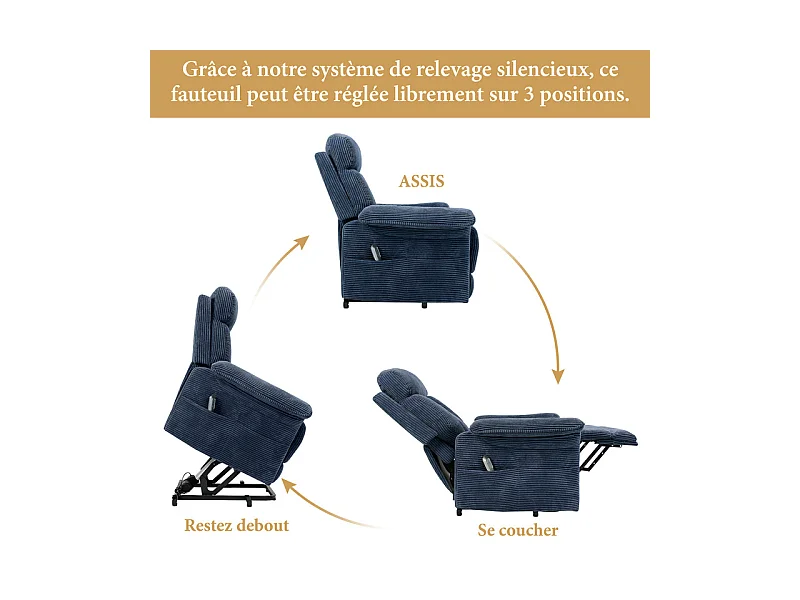 Cadeira relax de veludo cotelê com elevador elétrico, controle remoto, bolso lateral, regulável 90°-160°, Azul