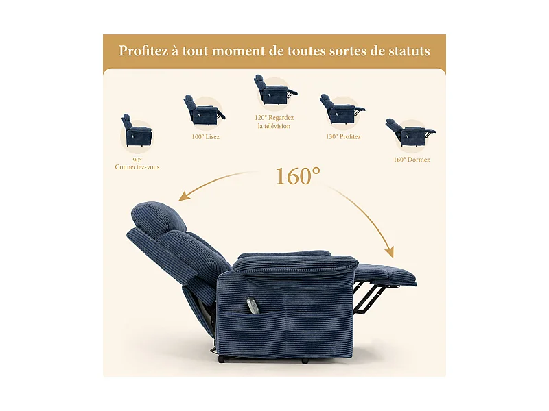 Cadeira relax de veludo cotelê com elevador elétrico, controle remoto, bolso lateral, regulável 90°-160°, Azul