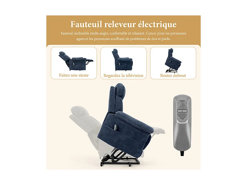 Fauteuil relax en velours côtelé avec releveur électrique, télécommande, poche latérale, réglable 90 à 160°, Bleu