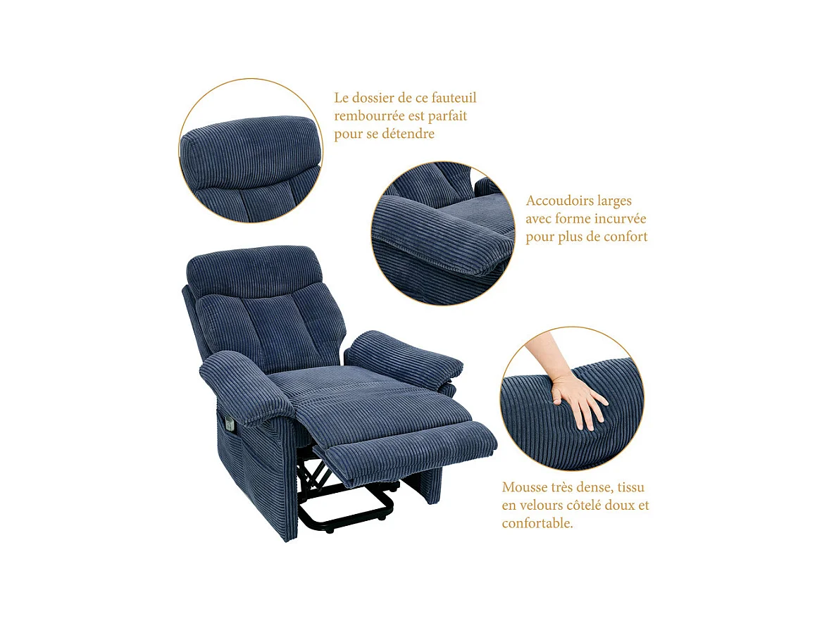 Fauteuil relax en velours côtelé avec releveur électrique, télécommande, poche latérale, réglable 90 à 160°, Bleu