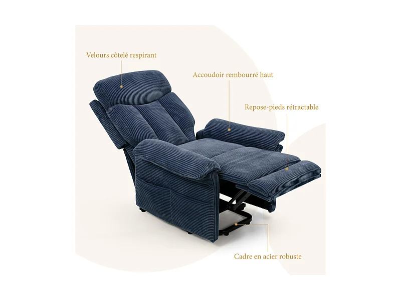 Fauteuil relax en velours côtelé avec releveur électrique, télécommande, poche latérale, réglable 90 à 160°, Bleu
