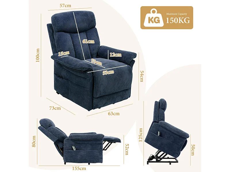 Poltrona relax in velluto a coste con sollevatore elettrico, telecomando, tasca laterale, regolabile 90°-160°, Blu