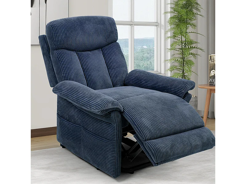 Poltrona relax in velluto a coste con sollevatore elettrico, telecomando, tasca laterale, regolabile 90°-160°, Blu