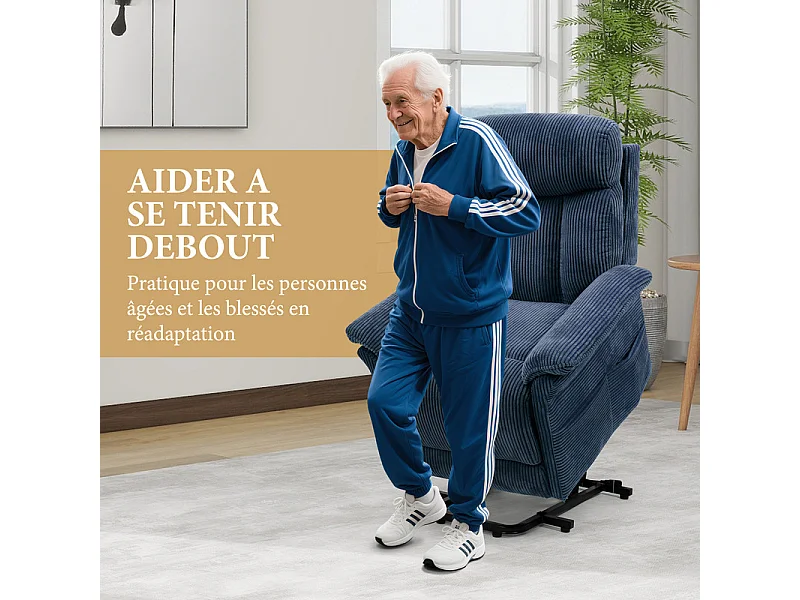 Poltrona relax in velluto a coste con sollevatore elettrico, telecomando, tasca laterale, regolabile 90°-160°, Blu