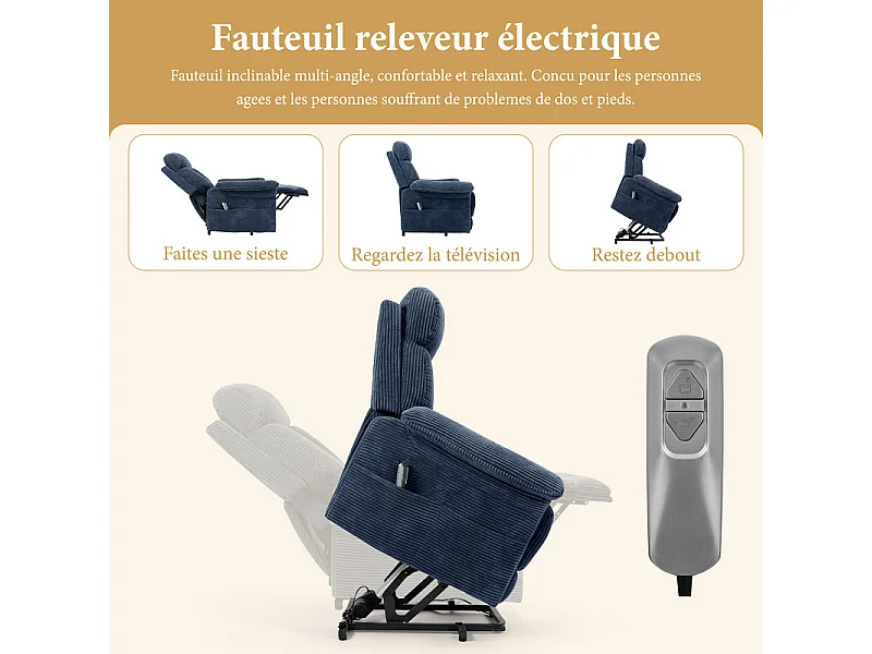 Poltrona relax in velluto a coste con sollevatore elettrico, telecomando, tasca laterale, regolabile 90°-160°, Blu