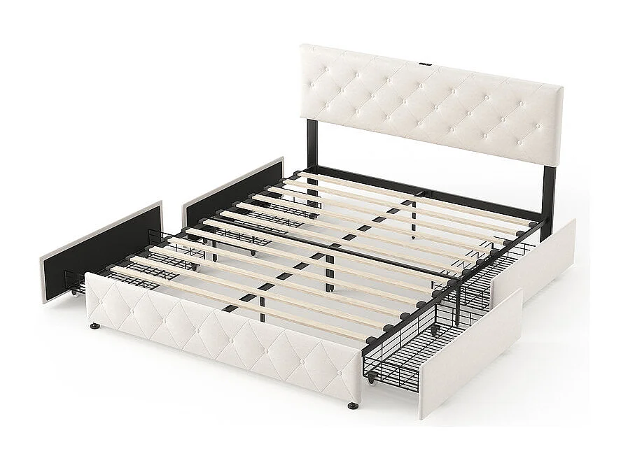 Lit Coffre 140x200 cm in Samt - mit 4 Schubladen - USB+Type-C - verstellbares Kopfteil - Beige