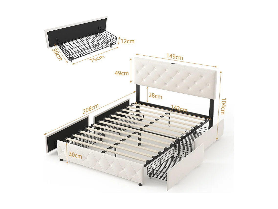 Lit Coffre 140x200 cm in Samt - mit 4 Schubladen - USB+Type-C - verstellbares Kopfteil - Beige