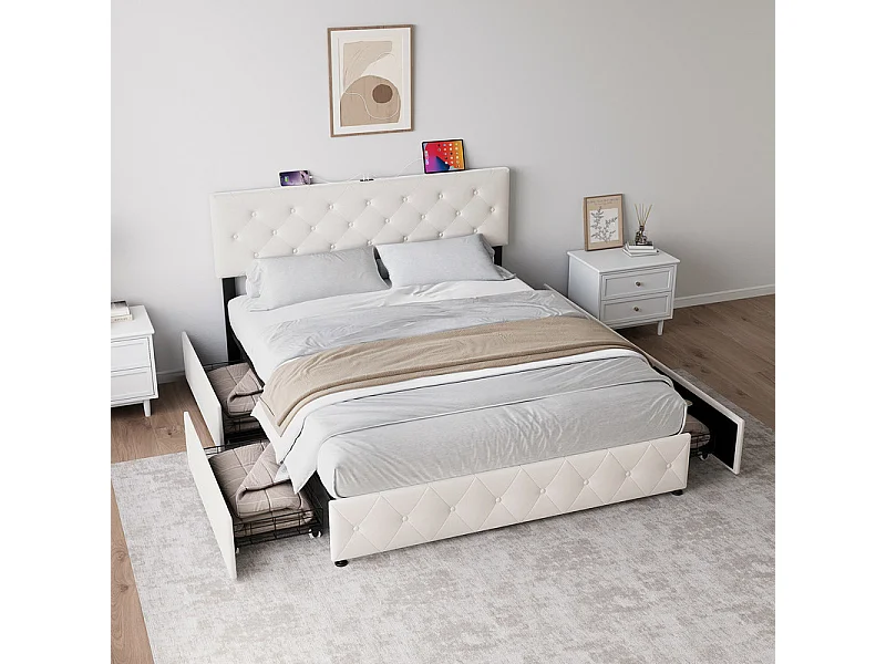 Lit Coffre 140x200 cm in Samt - mit 4 Schubladen - USB+Type-C - verstellbares Kopfteil - Beige