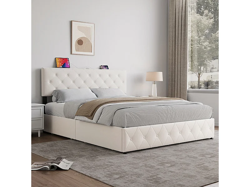 Lit Coffre 140x200 cm in Samt - mit 4 Schubladen - USB+Type-C - verstellbares Kopfteil - Beige