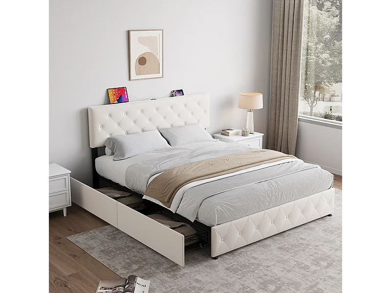 Lit Coffre 140x200 cm in Samt - mit 4 Schubladen - USB+Type-C - verstellbares Kopfteil - Beige