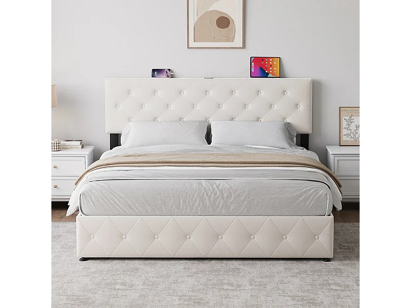 Lit Coffre 140x200 cm in Samt - mit 4 Schubladen - USB+Type-C - verstellbares Kopfteil - Beige